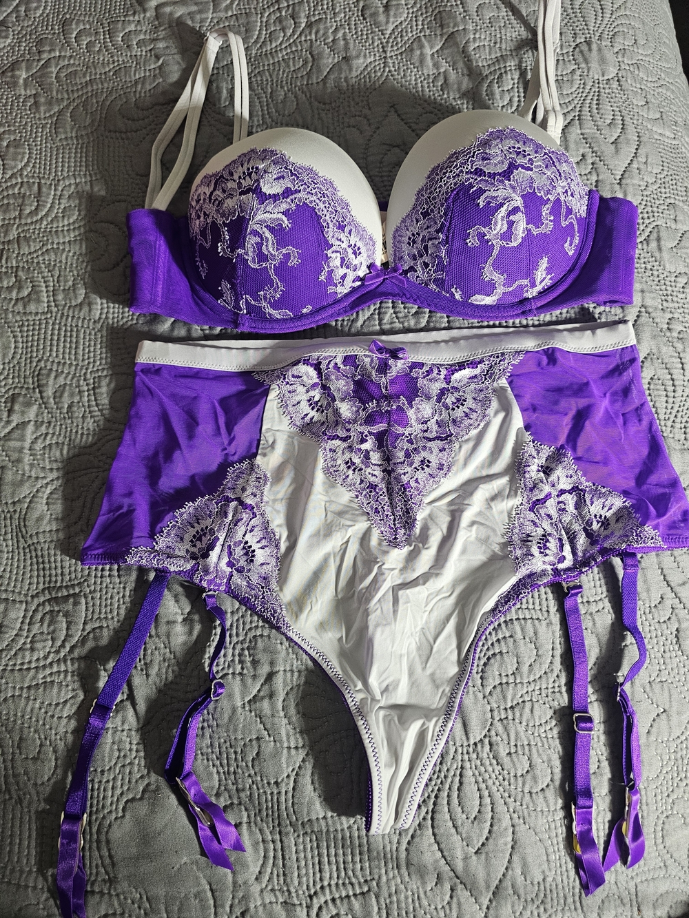 Victoria's Secret Purple and White Lace Push-Up Bra with Garter Brief Set